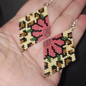 Handmade Beaded Leopard Print and Floral Earrings